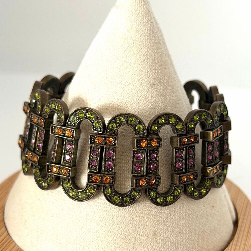 Vintage Heidi Daus Green Purple Orange Crystal Link Bracelet